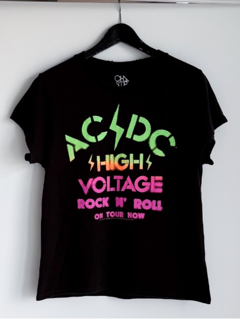Chaser AC/DC High Voltage Neon Graphic Tee XS Fits S Relaxed Distressed